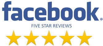 Facebook logo above the text “Five Star Reviews” and five yellow stars.